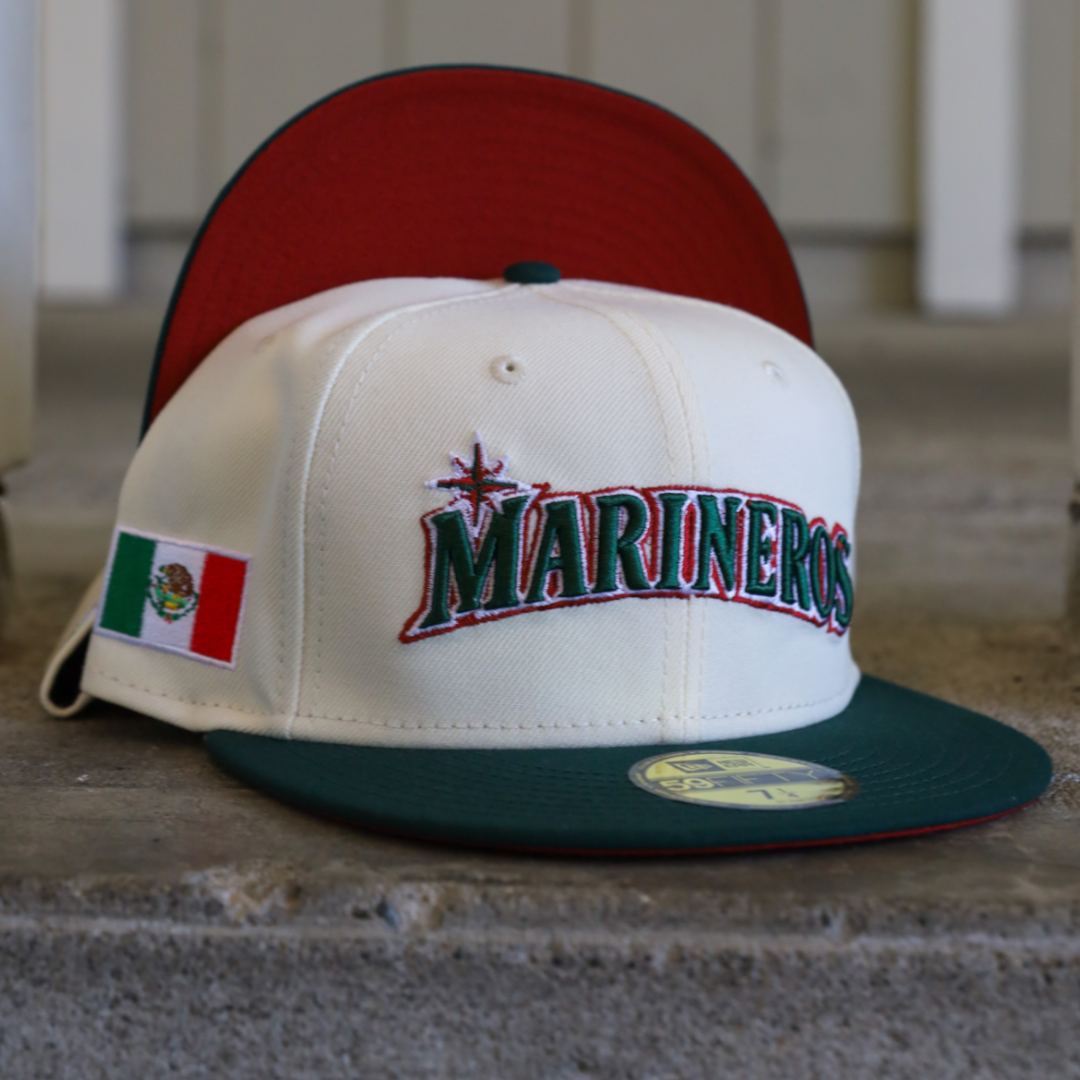 Hejse Situation Kvittering Seattle Mariners New Era "Marineros" Script Chrome White/DK Green Bill and  H Red Bottom With Mexican Flag Patch On Side 59FIFTY Fitted Hat | My Hatstop